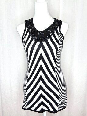 Cache Bling Jeweled Collar Bold Chevron Knit Top Keyhole Back